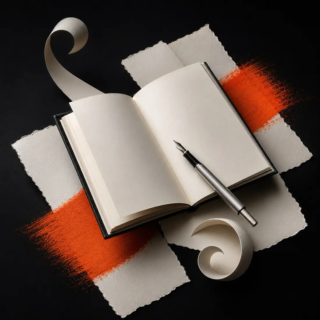 Livre ouvert et plume dans une composition éditoriale en noir et blanc