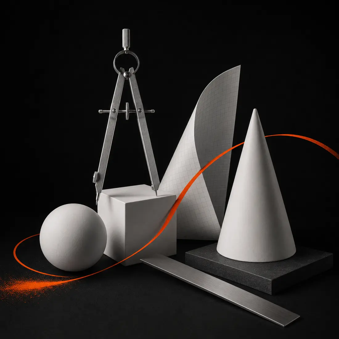 Formes géométriques et instruments de précision en noir et blanc