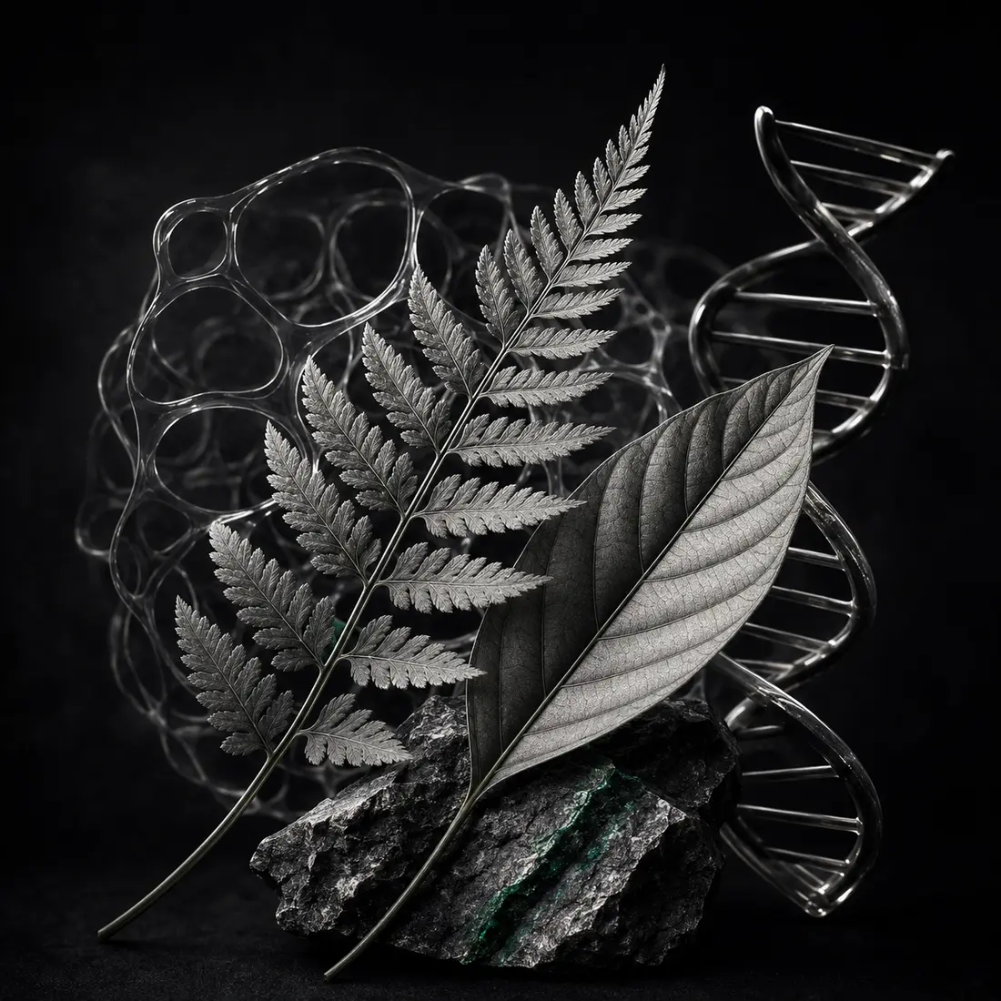 Feuille, cellule et roche dans une composition scientifique en noir et blanc